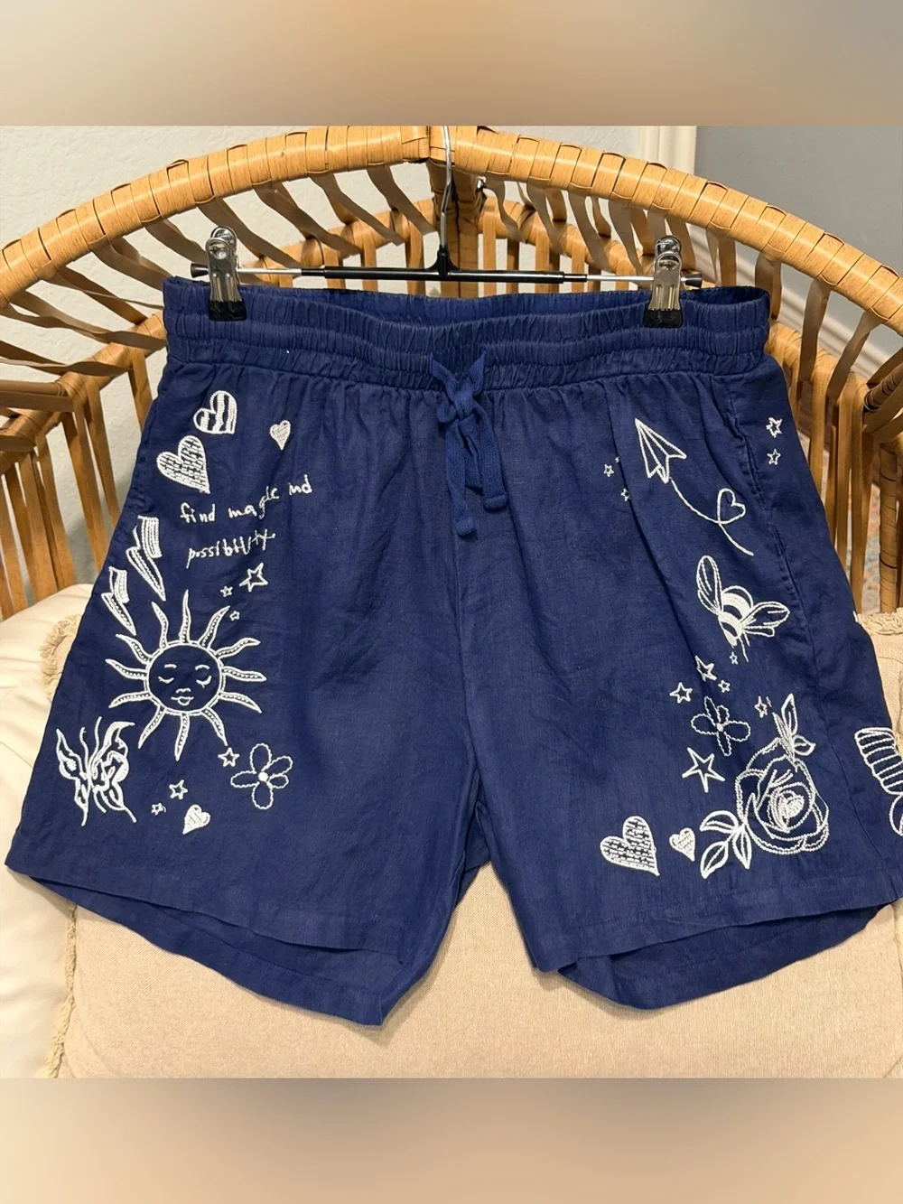 Johnny Was Sovanna Embroidered Linen Shorts – Navy Blue – Boho - Size Small